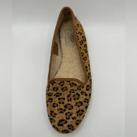 UGG Women's Leopard Print Tan Suede Slip-On Flats with Shearling - Picture 11 of 11